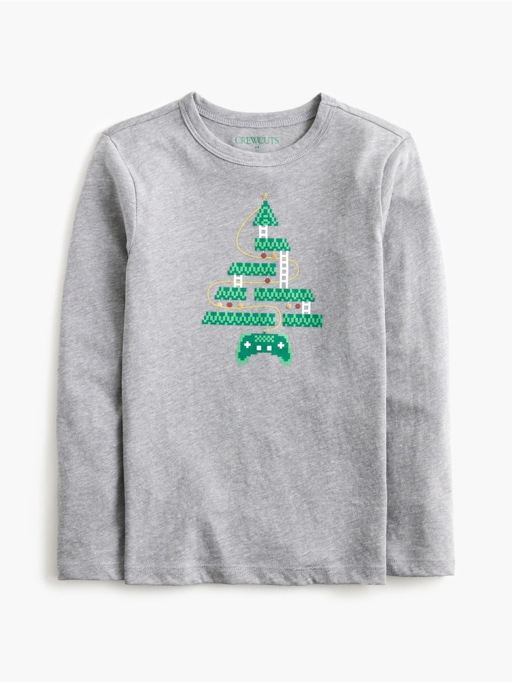 J.Crew Crewcuts Gray Long-Sleeve Tee with Green Game-Controller Tree NEW